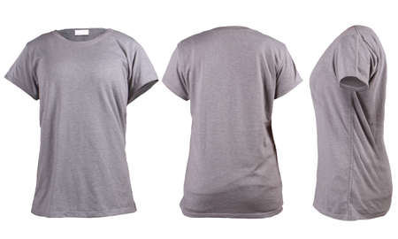 Women's grey t-shirt, front back rear and side view template. Blank shirt mock up for print design. Isolated on whiteの写真素材