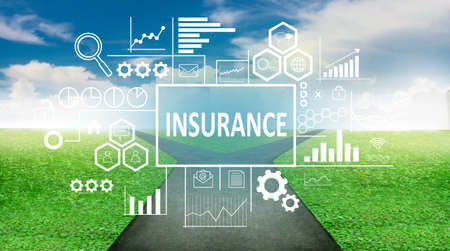 Business concept. Insurance development words over blurred natural background. Text typography designの写真素材