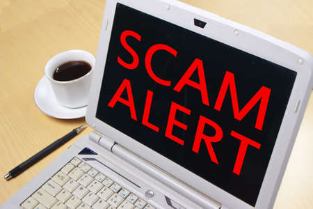 Scam Alert, Internet Fraudulent quotes, words typography top view lettering concept