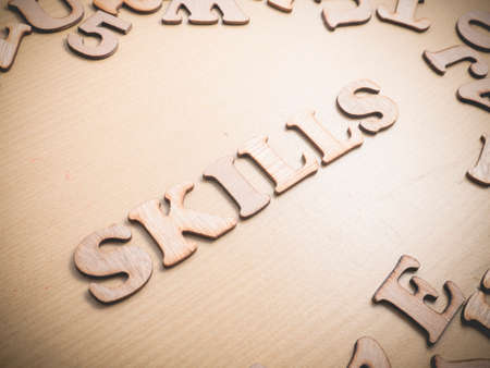 Skills. Motivational internet business words quotes, wooden lettering typography conceptの写真素材