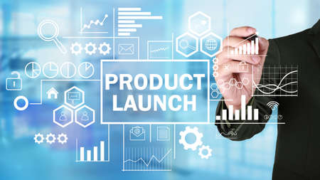 Product Launch, Motivational Business Marketing Words Quotes Concept words lettering typography concept. Businessman writing on virtual screenの写真素材
