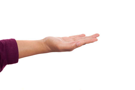 Hand gesture isolated on white, empty palm open signs concept with copy space