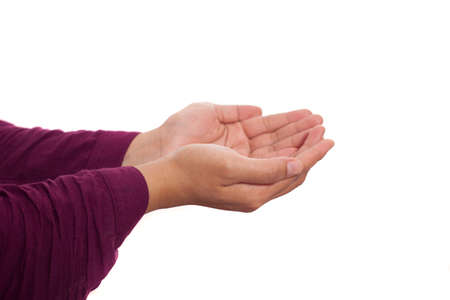 Hand gesture isolated on white, empty palm open signs concept with copy space