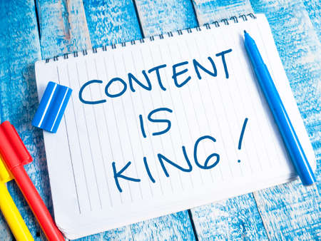 Content is King, internet social media motivation inspirational quotes, words typography top view lettering conceptの写真素材