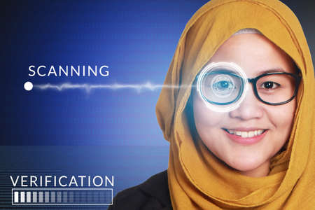 Eye Detection System, Portrait of Asian muslim woman's face with eye sensor technology, scanning and verificating facial recognitionの写真素材