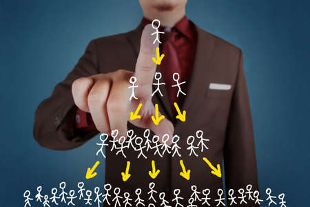 Businessman click pyramide scheme diagram, social media multi level marketing in business conceptの写真素材
