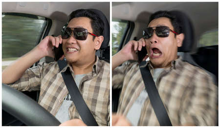 Portrait of male Asian driver shocked and panic about to have crash accident, distracted by phone...