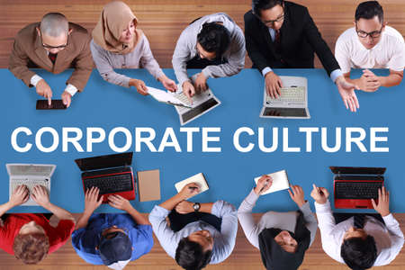 Corporate Culture, Motivational Business Inspirational Words Quotes Concept words lettering typography concept, one male and one female models recomposed as manyの写真素材