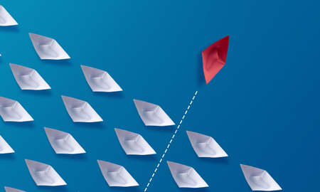 Individuality be different concept, red origami paper boat and white boats, taking different success path direction from the crowdsの写真素材