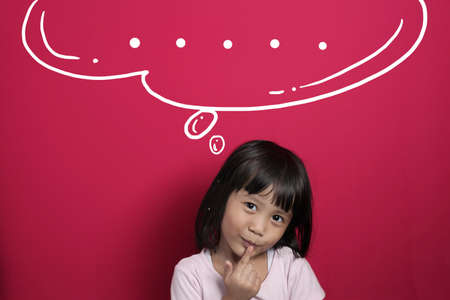 Portrait of little Asian baby girl shows thinking gesture
