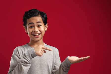 Cute Asian child boy with open palm and finger pointed up. Promoting presenting something, copy...