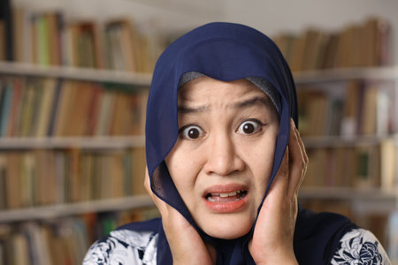 Beautiful Asian muslim woman wearing hijab shocked with mouth opened, afraid worried terrified to see something badの写真素材