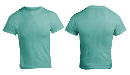 Green turqiose heather color t-shirt mock up, front and back view, isolated. Plain green shirt mockup. Shirt design template. Blank tees for printの写真素材
