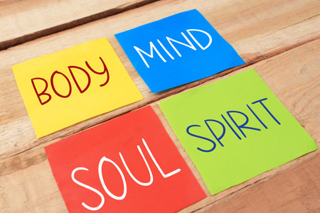 Body Mind Soul Spirit, business motivational inspirational quotes, words typography lettering concept written on colorful papersの写真素材