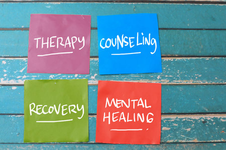 Therapy Counseling Recovery Mental Healing, text words typography written on paper against wooden background, life and business motivational inspirational conceptの写真素材
