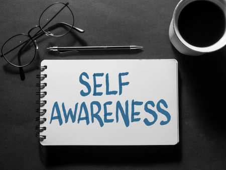 Self Awareness, text words typography written on book against dark background, life and business motivational inspirational conceptの写真素材
