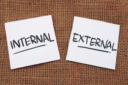Internal and External, text words typography written on paper against wooden background, life and business motivational inspirational conceptの写真素材