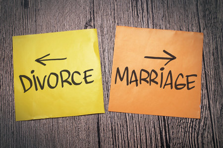 Divorce or marriage, text words typography written on paper against wooden background, life and business motivational inspirational conceptの写真素材