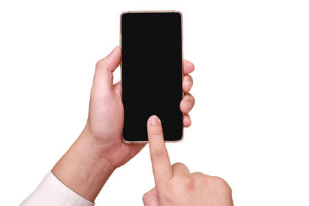 Hand holding smart phone, cut out design element isolated on white, close upの写真素材