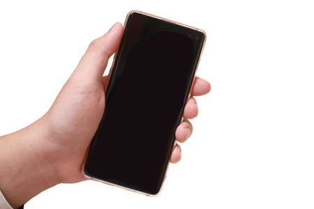 Hand holding smart phone, cut out design element isolated on white, close upの写真素材