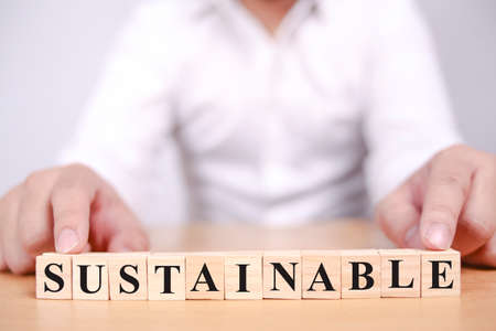 Sustainable, text words typography written on wooden block, educational  life and business motivational inspirational conceptの写真素材