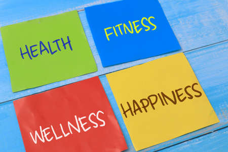 Health Fitnesss Wellness Happiness, text words typography written on paper, success  life and business motivational inspirational conceptの写真素材