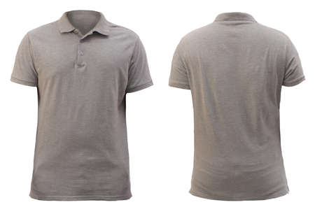 Blank collared shirt mock up template, front and back view, plain grey t-shirt isolated on white. Polo tee design mockup presentation for printの写真素材