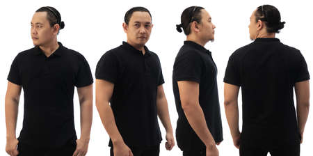 Blank collared shirt mock up template, front side and back view, Asian male model wearing plain black t-shirt isolated on white. Polo tee design mockup presentation for printの写真素材