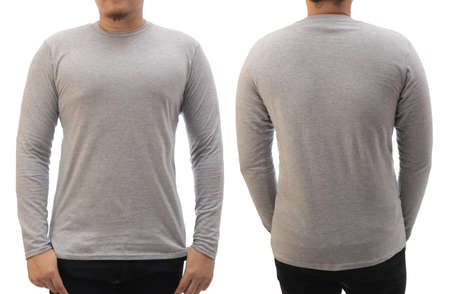 Blank long sleeved shirt mock up template, front and back view, Asian man wear plain grey t-shirt isolated on white. Tee design mockup presentation for printの写真素材