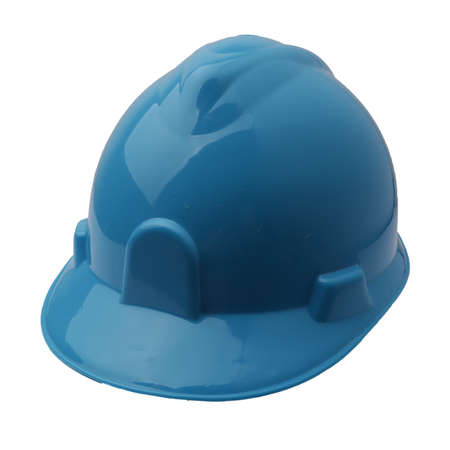 Blue protective construction safety helmet isolated on white backgroundの写真素材