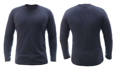 Blank long sleeved shirt mock up template, front and back view, plain dark navy blue t-shirt isolated on white.Tee design mockup presentation for printの写真素材