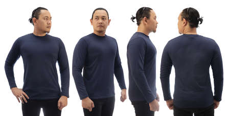 Blank long sleeved shirt mock up template, front side and back view, Asian man wear plain dark navy...