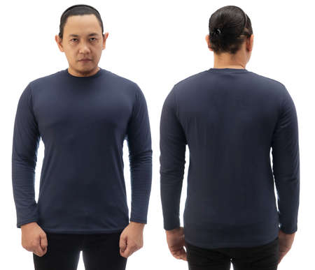 Blank long sleeved shirt mock up template, front and back view, Asian man wear plain dark navy blue t-shirt isolated on white. Tee design mockup presentation for printの写真素材
