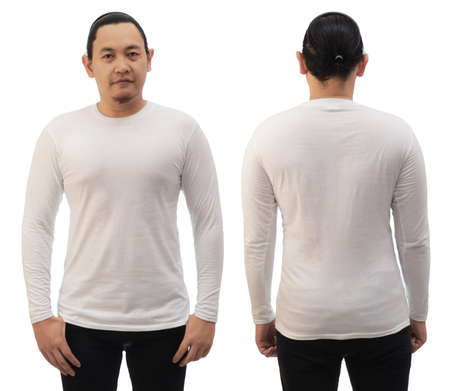 Blank long sleeved shirt mock up template, front and back view, Asian man wear plain white t-shirt isolated. Tee design mockup presentation for printの写真素材