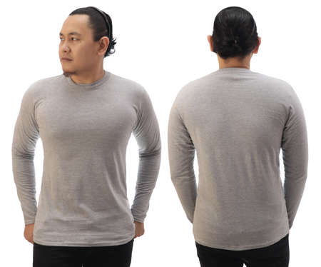 Blank long sleeved shirt mock up template, front and back view, Asian man wear plain grey t-shirt isolated on white. Tee design mockup presentation for printの写真素材