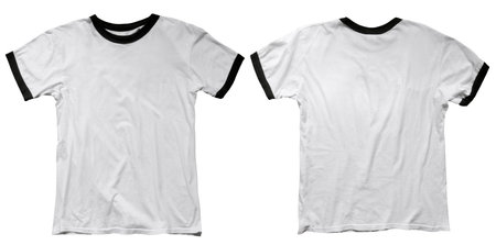 Wrinkled blank white ringer t-shirt template, front and back design isolated on whiteの写真素材