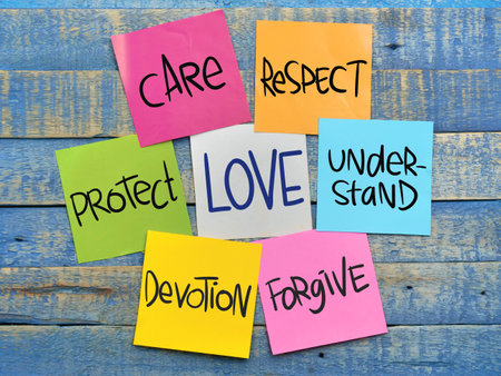 Love care respect devition forgive, text words typography written on paper, life and business motivational inspirational conceptの写真素材