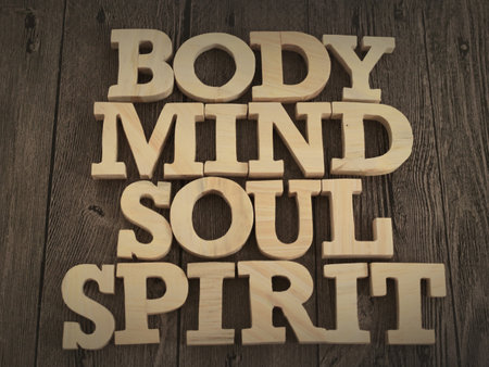Body mind soul spirit, text words typography written with wooden letter, life and business motivational inspirational conceptの写真素材