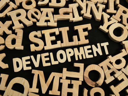 Self development, text words typography written with wooden letter, life and business motivational inspirational conceptの写真素材