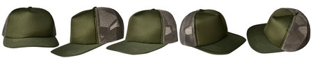 Set of green army trucker cap hat mockup template collection, various angle isolated cut out objectの写真素材
