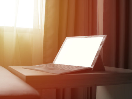 Close up image of  laptop mock up, pc computer monitor with blank empty white screen template, laptop on deskの写真素材