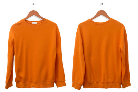 Blank long sleeved shirt mock up template, front and back view, isolated on white, plain orange t-shirt mockup. Tee sweater sweatshirt design presentation for print.の写真素材