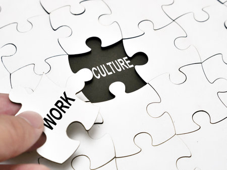 Work culture, text words typography written under jigsaw puzzle, life and business motivational inspirational conceptの写真素材