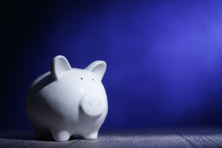 Piggybank piggy bank in the dark, concept of investment or money management. Under blue lightの写真素材