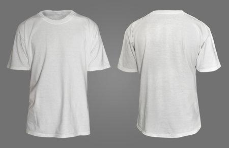 Blank shirt mock up template, front and back view,  plain white t-shirt isolated on grey. Tee design mockup presentation for printの写真素材