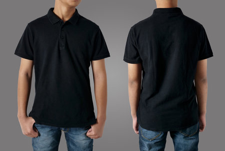 Blank collared shirt mock up template, front and back view, Asian teenage male model wearing plain black t-shirt on gray background. Polo tee design mockup presentation for printの写真素材