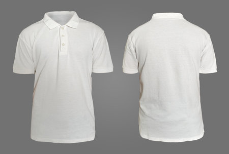 Blank collared shirt mock up template, front and back view,  plain white t-shirt isolated on grey. Polo tee design mockup presentation for printの写真素材