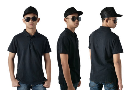 Blank collared shirt mock up template, front side and back view, Asian teenage male model wearing plain black t-shirt isolated on white. Polo tee design mockup presentation for printの写真素材
