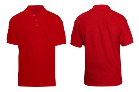 Blank collared shirt mock up template, front and rear view,  plain red t-shirt isolated on white. Polo tee design mockup presentation for printの写真素材