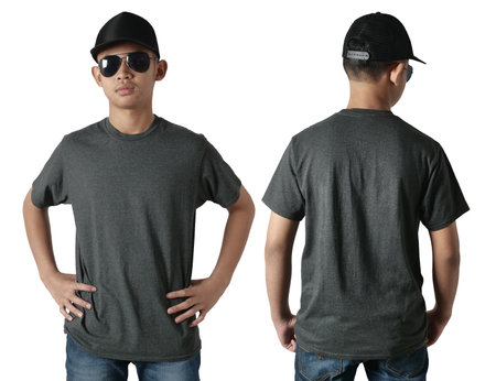 Black t-shirt mock up, front and back view, isolated. Teenage male model wear plain heather black shirt mockup. Tshirt design template. Blank tee for printの写真素材